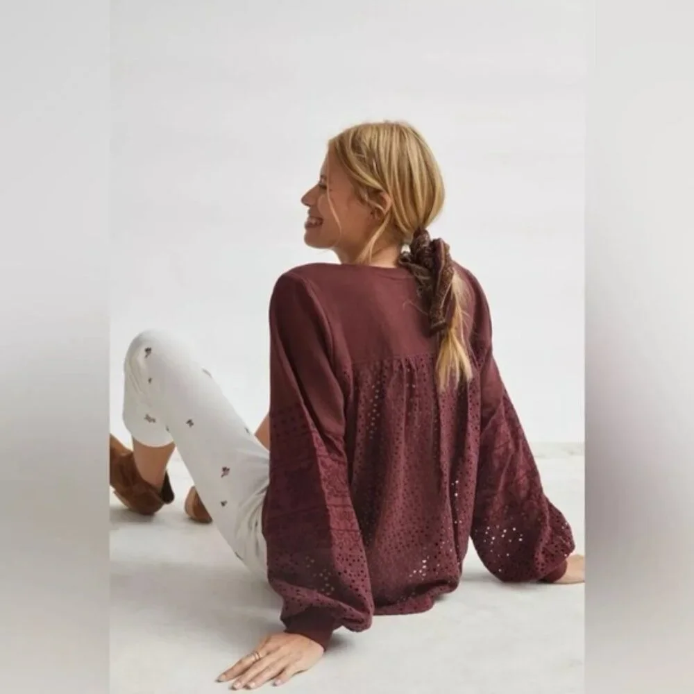 Anthropologie Plum Eyelet Yoke VNeck Pullover Sweatshirt Ballon Sleeve Top SMALL